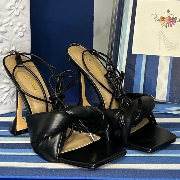 Black square toe knotted strappy wrap tie up high heel sandals sz 10 - Picture 13 of 16